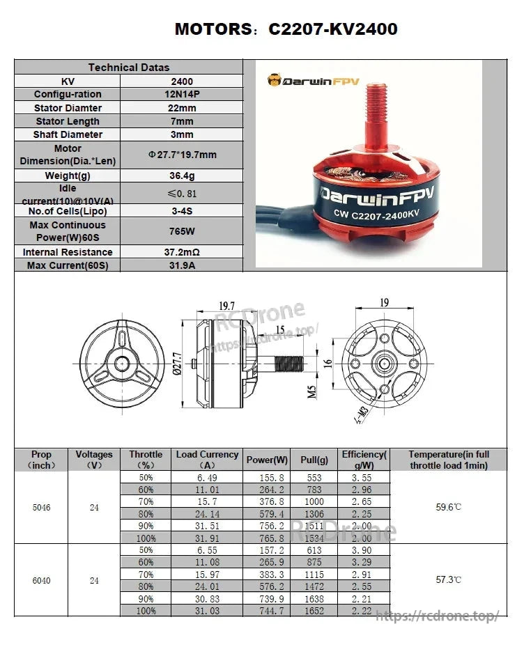 C2207 KV2400 motor specification chart with dimension drawings and test table, plus red motor photo