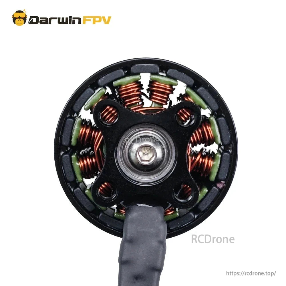 Bottom close-up of motor internals showing copper windings, stator and center shaft screw