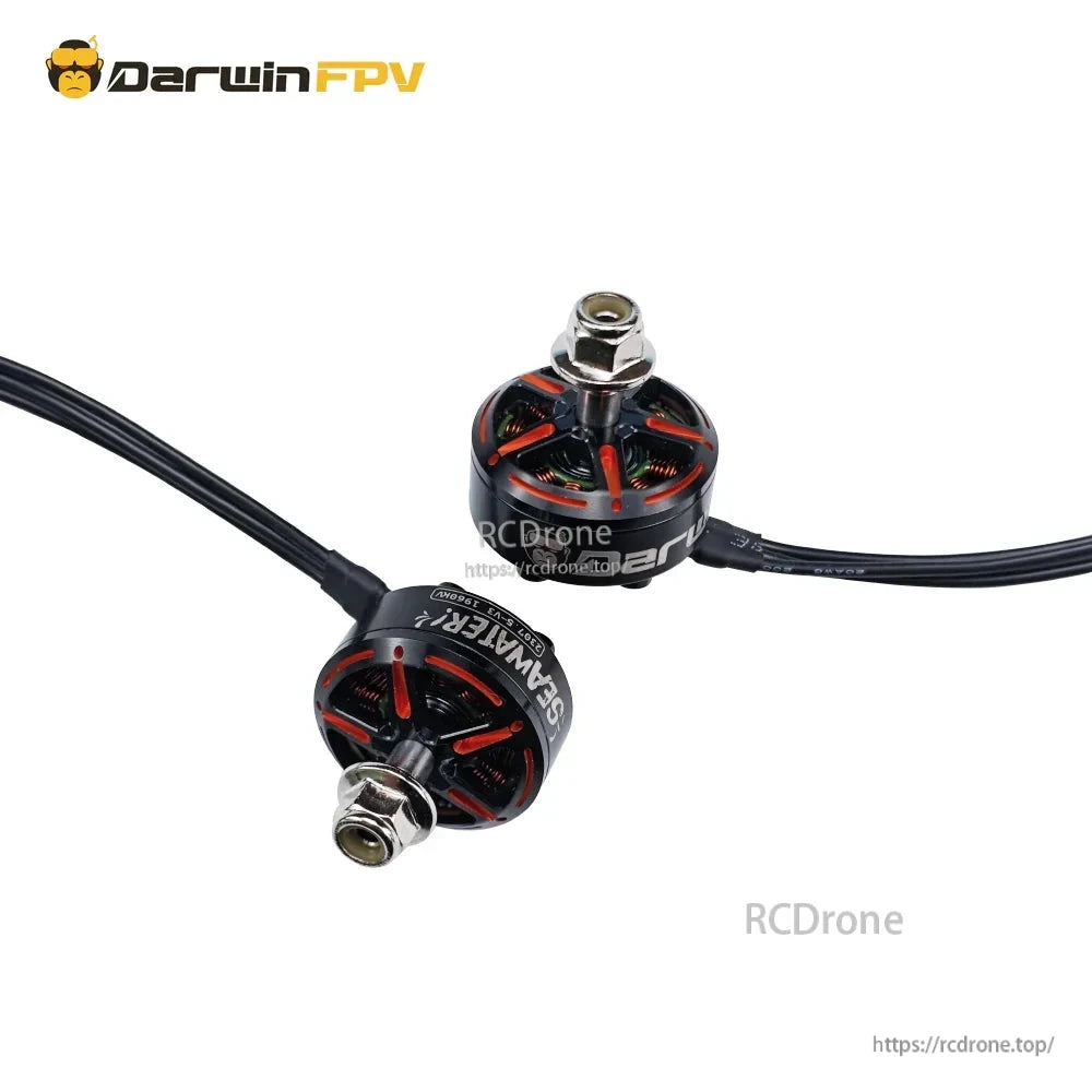 Two SeaWater brushless motors with attached wires, paired view on white background