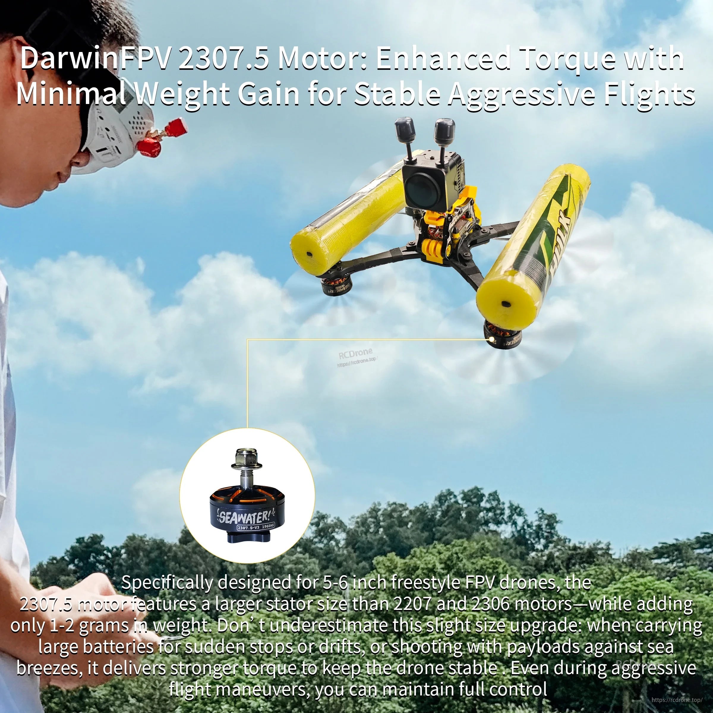2307.5 FPV motor torque highlight graphic for 5–6 inch freestyle drones with lightweight stator design