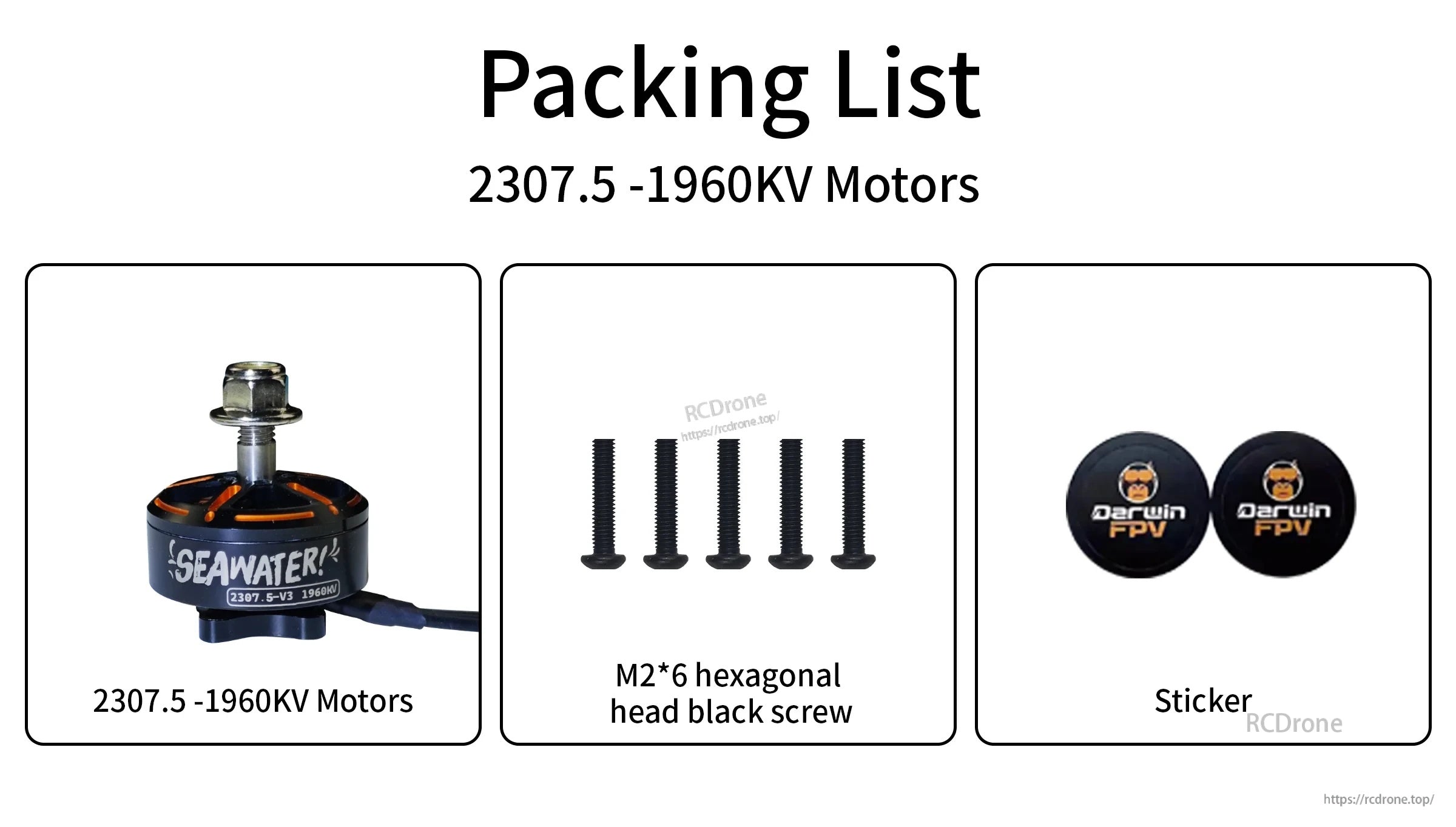 Packing list showing 2307.5 1960KV motor, five M2×6 hex head screws, and DarwinFPV stickers