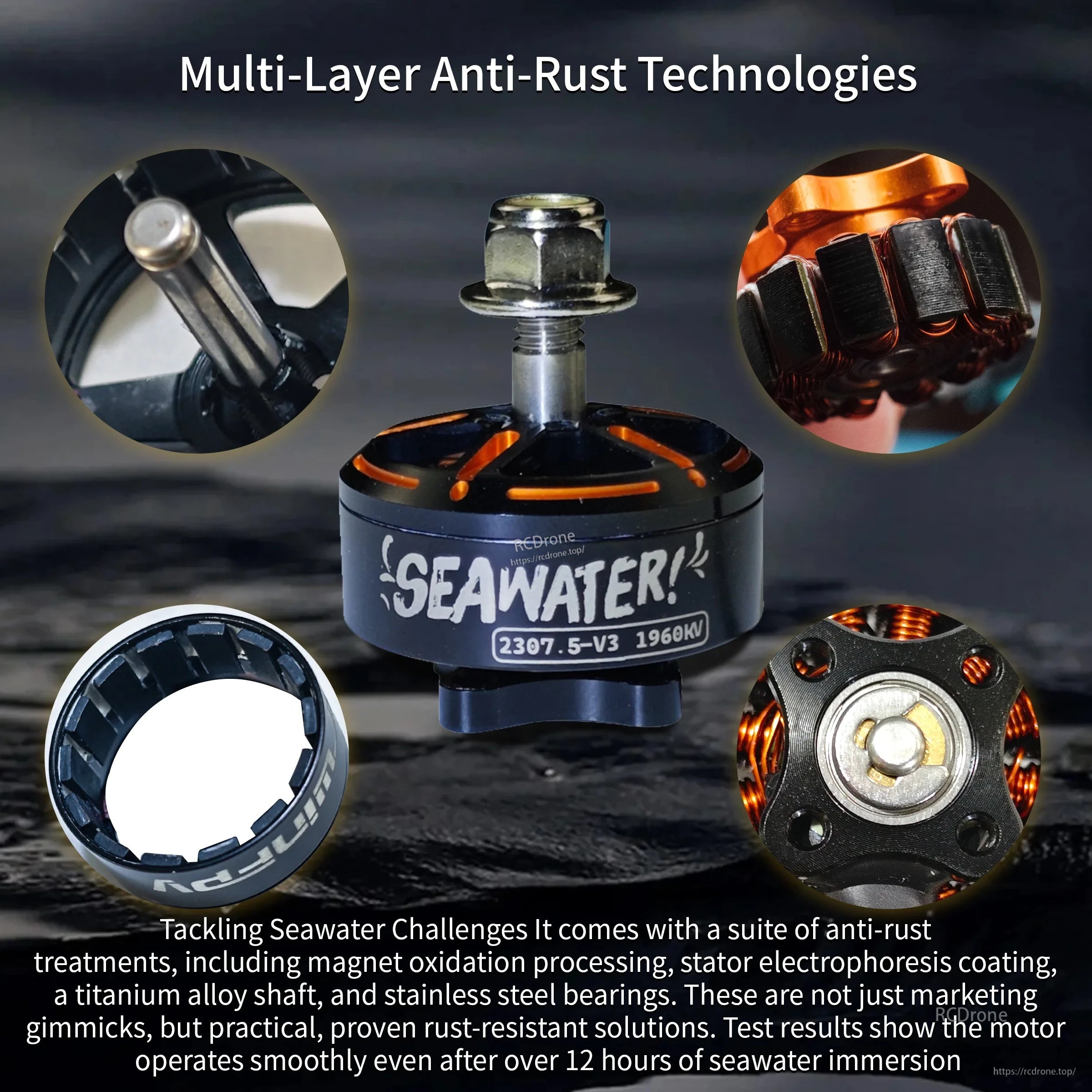DarwinFPV SeaWater 2307.5 V3 1960KV motor with multi-layer anti-rust parts detail close-ups