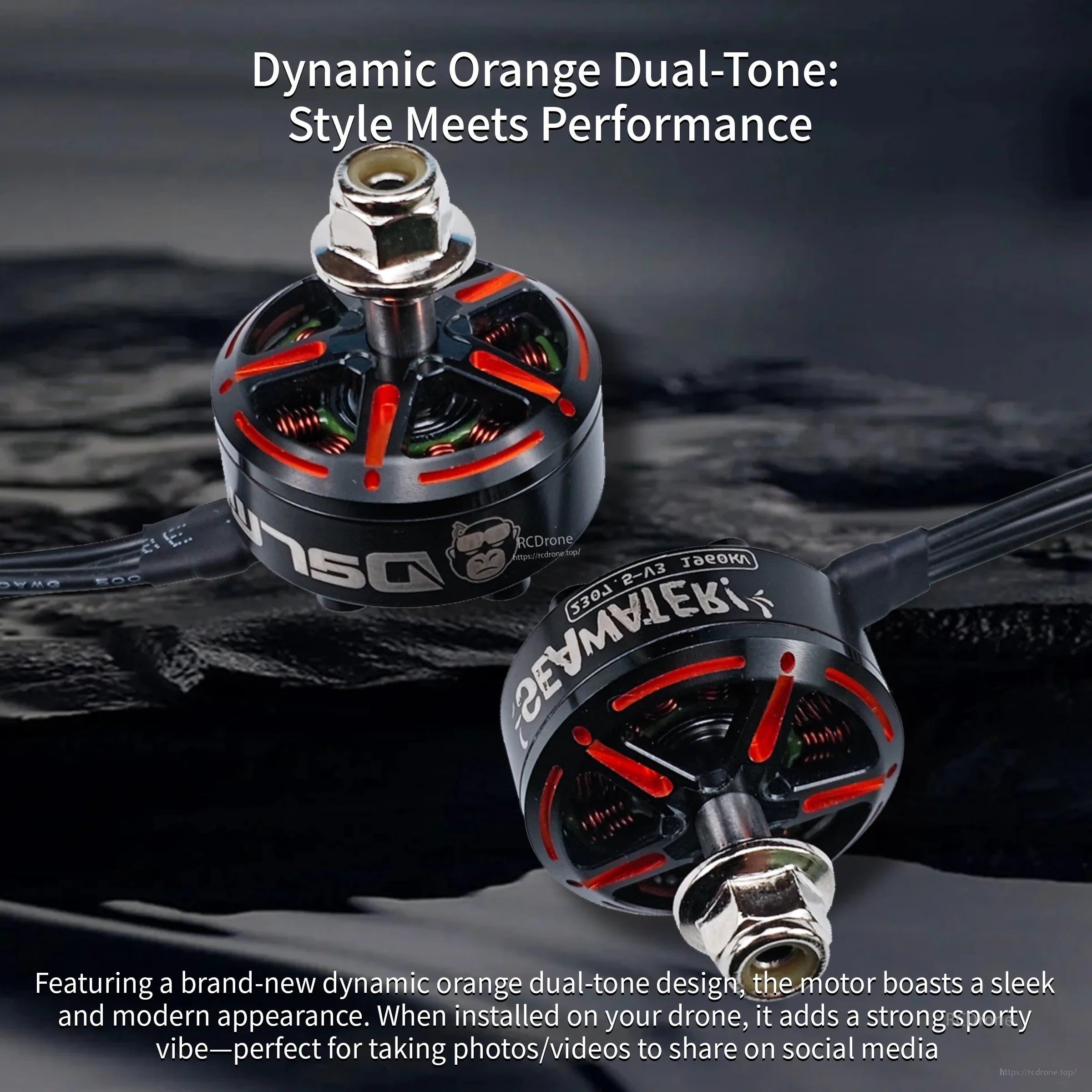 Orange and black dual-tone DarwinFPV SeaWater motor styling close-up with top nut and lead wires