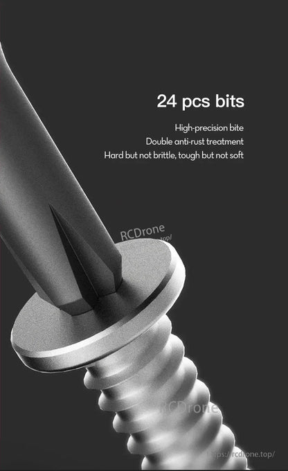 Macro close-up of precision screwdriver bit tip and shaft, with “24 pcs bits” product graphic