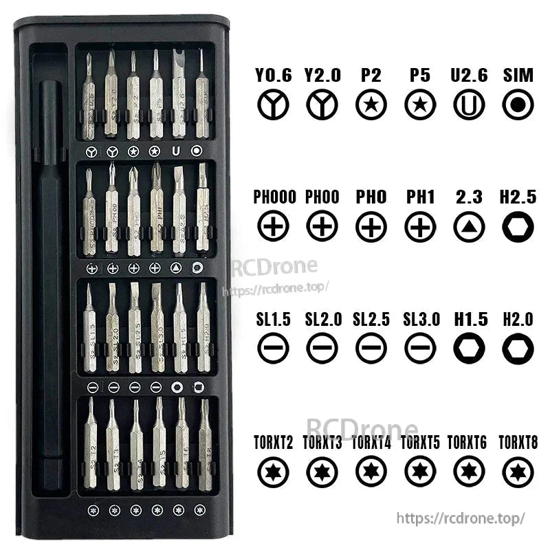 DarwinFPV 24-in-1 screwdriver bit set layout with bit type chart (Phillips, slotted, Torx, hex, pentalobe)