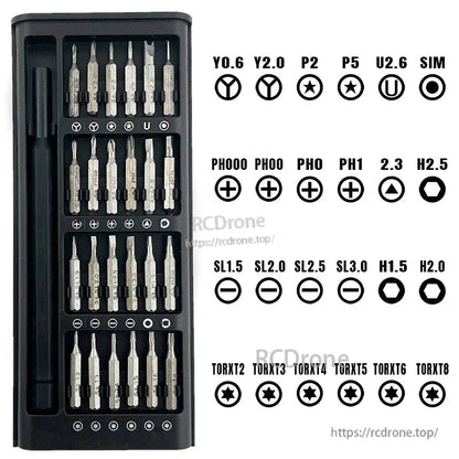 DarwinFPV 24-in-1 screwdriver bit set layout with bit type chart (Phillips, slotted, Torx, hex, pentalobe)