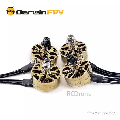 DarwinFPV 2507 1850KV 3-6S Brushless Motor, DarwinFPV 2507 1850KV motor, 12N14P, 4mm shaft, for 6-7 inch FPV drones, gold with black wires.
