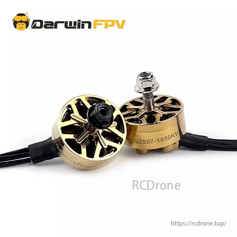 DarwinFPV 2507 1850KV 3-6S Brushless Motor, DarwinFPV 2507 1850KV motor, 3-6S, 12N14P, 4mm shaft, for 6-7 inch FPV drones, with gold casing and black wiring.