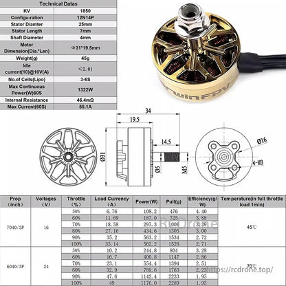 DarwinFPV 2507 1850KV 3-6S Brushless Motor, DarwinFPV 2507 1850KV motor, 12N14P, 3-6S Lipo, 4mm shaft, 45g weight, 1322W power, 55.1A current, perfect for 6-7 inch FPV racing drones.