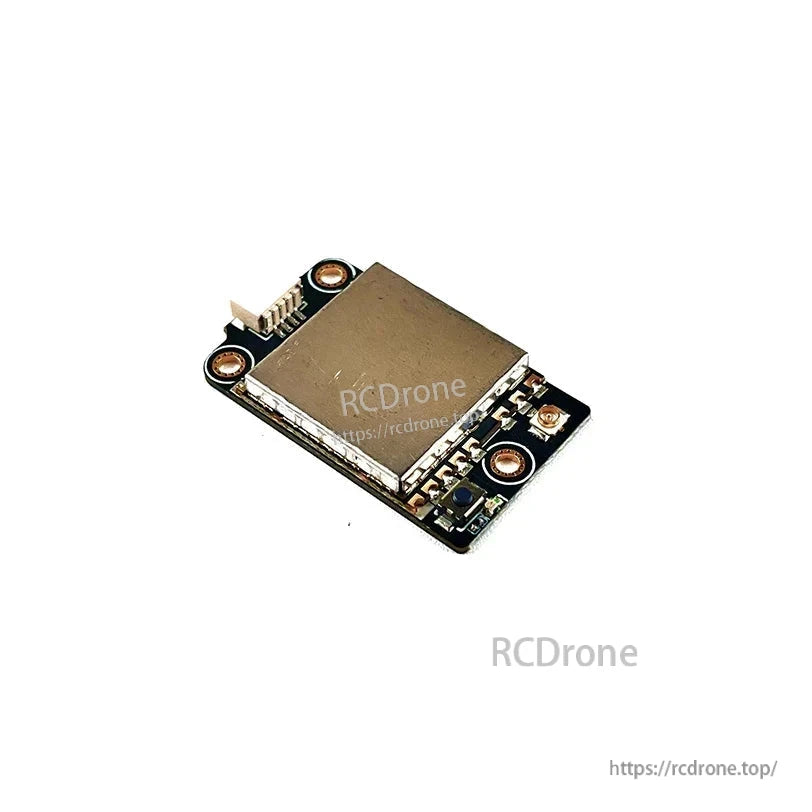 Angled close-up of VTX board showing RF shield, components, and JST connector
