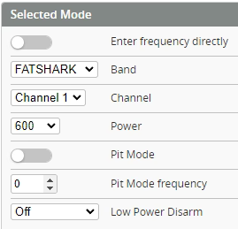 Betaflight VTX settings menu with band, channel, 600mW power, pit mode, and low power disarm options