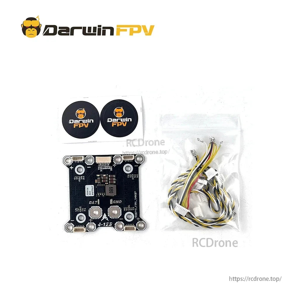 Package contents: DarwinFPV power distribution board, wiring harness set, and two DarwinFPV stickers