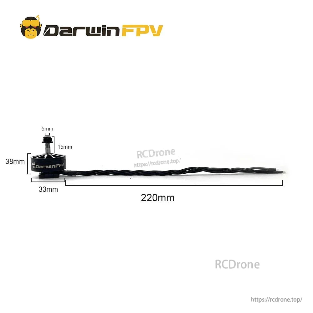 Motor dimensions diagram showing 38 mm height, 33 mm width, and 220 mm wire length