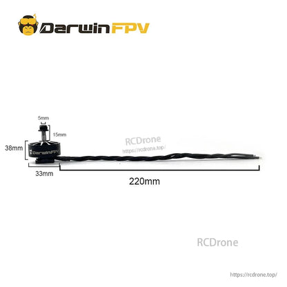 Motor dimensions diagram showing 38 mm height, 33 mm width, and 220 mm wire length