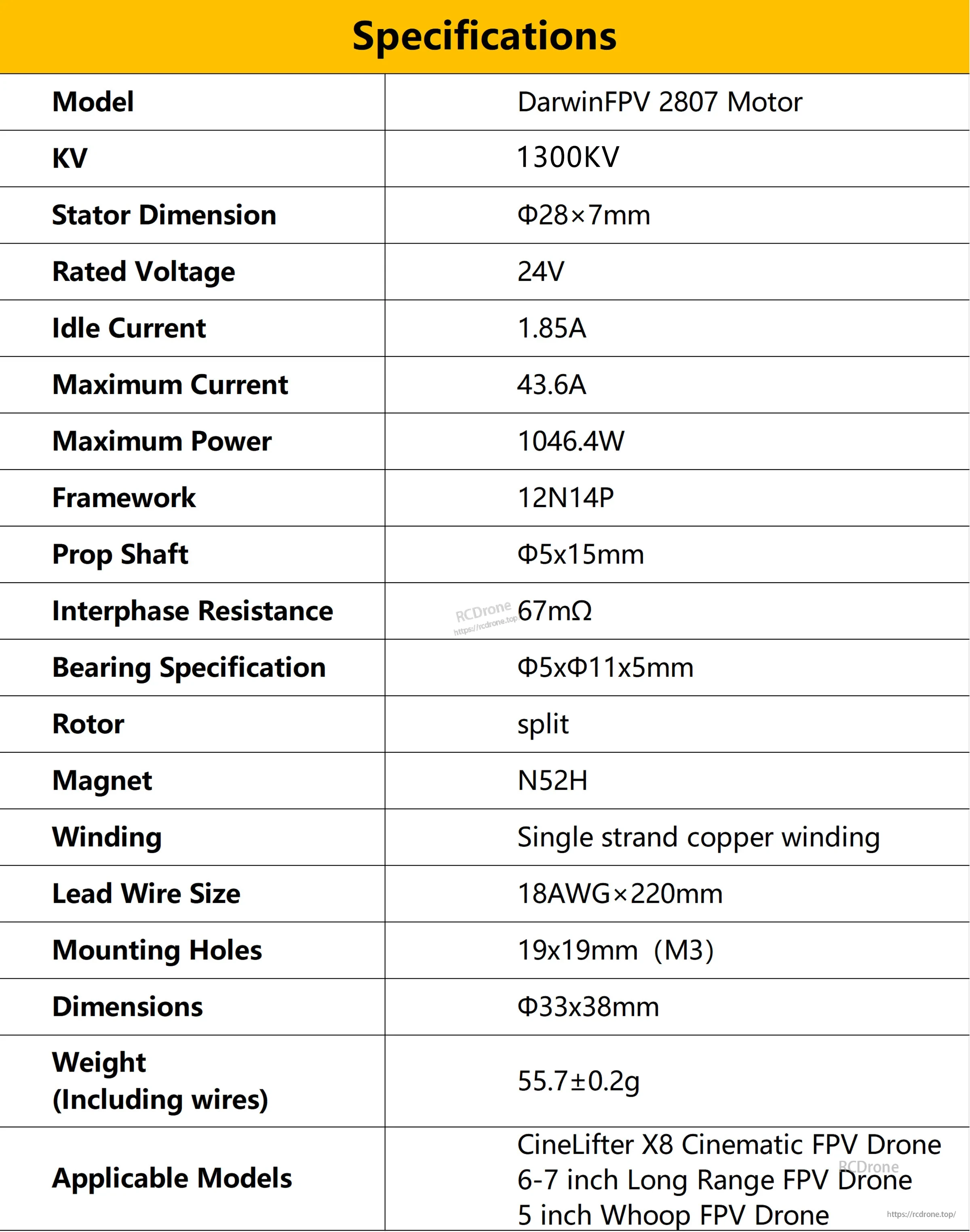 DarwinFPV 2807 1300KV brushless motor specifications table including 24V rating, 12N14P, and 19×19mm M3 mount