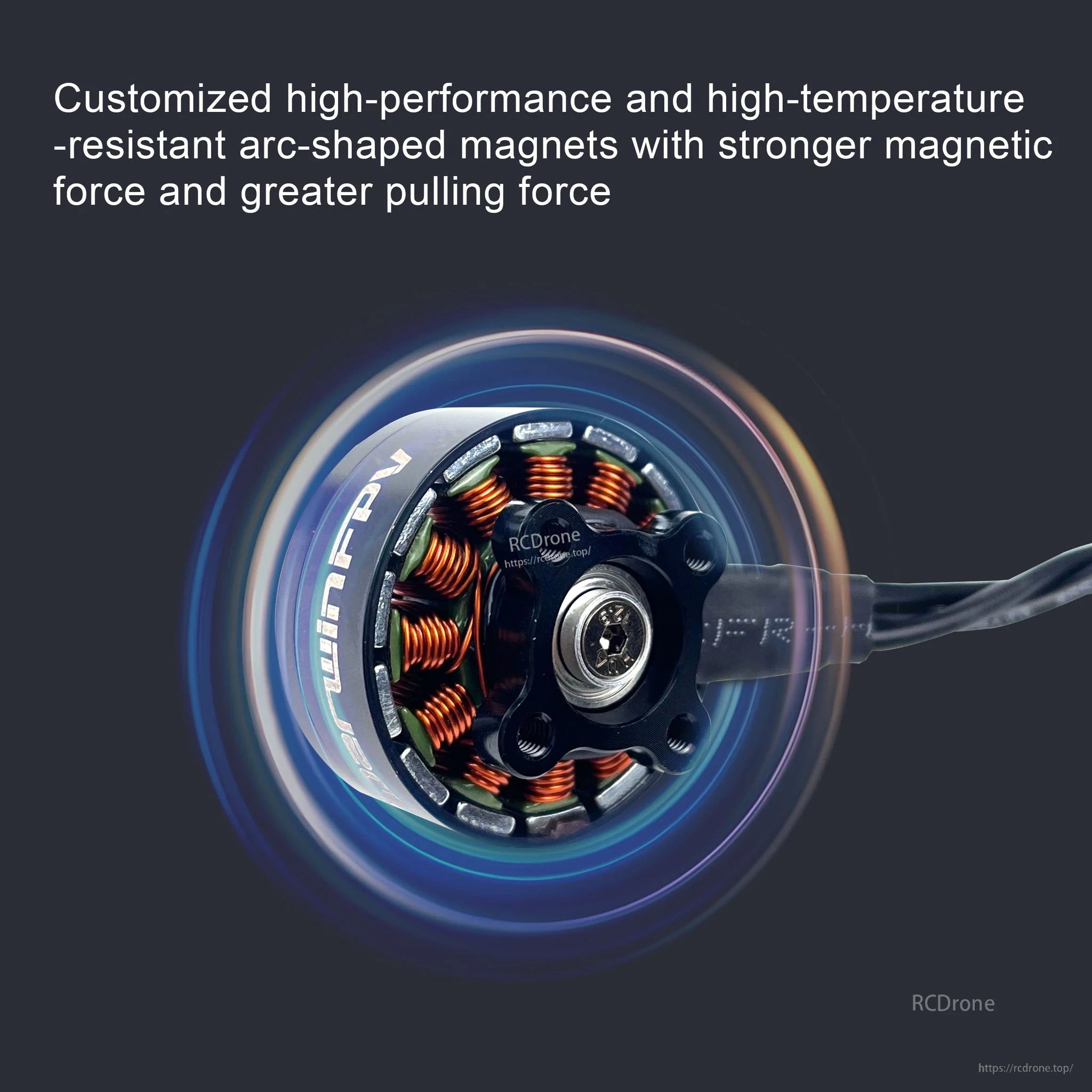 Close-up of the motor rotor highlighting arc-shaped N52H magnets for strong torque and heat resistance