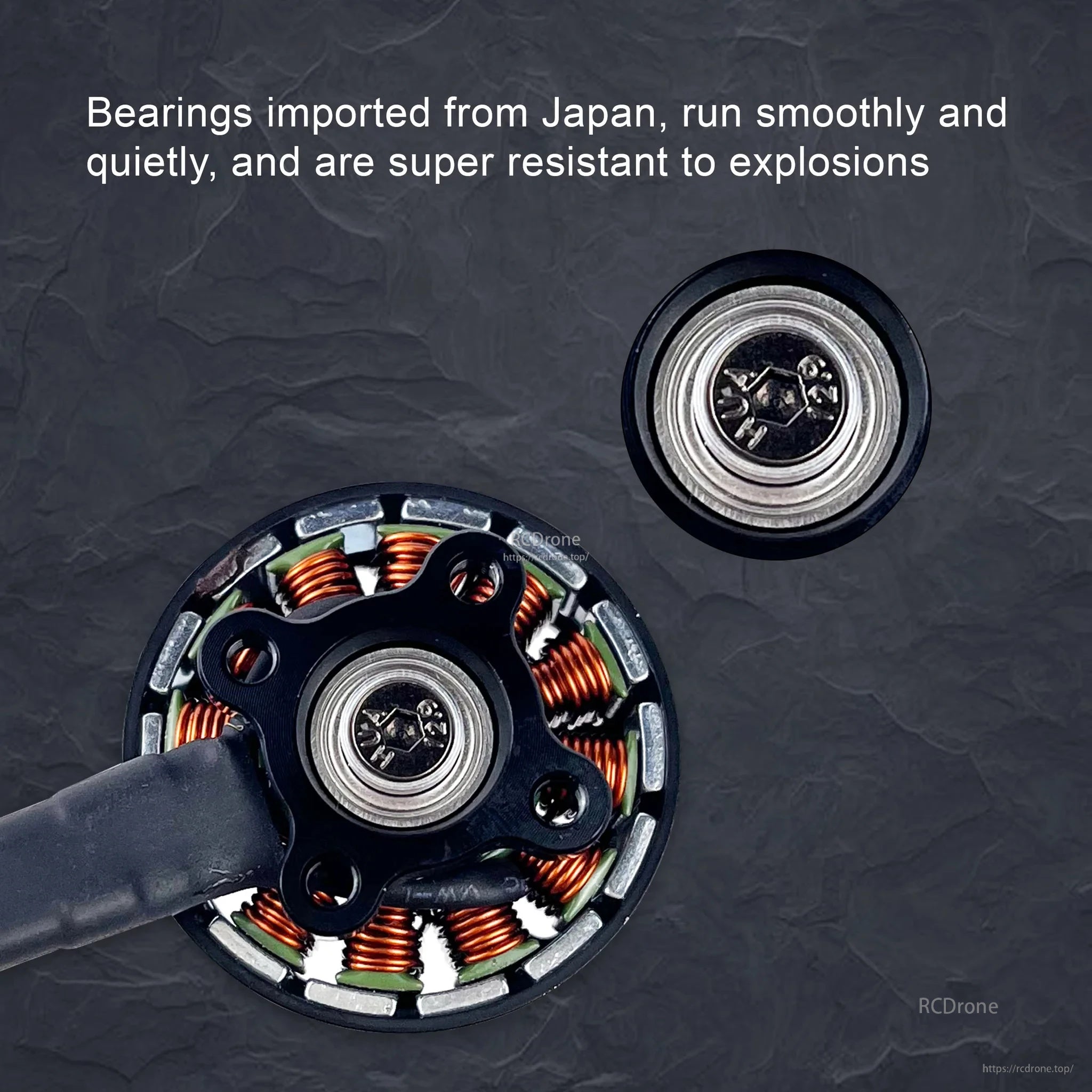 Bottom view of the motor showing copper windings and Japan-imported bearing for smooth, quiet operation