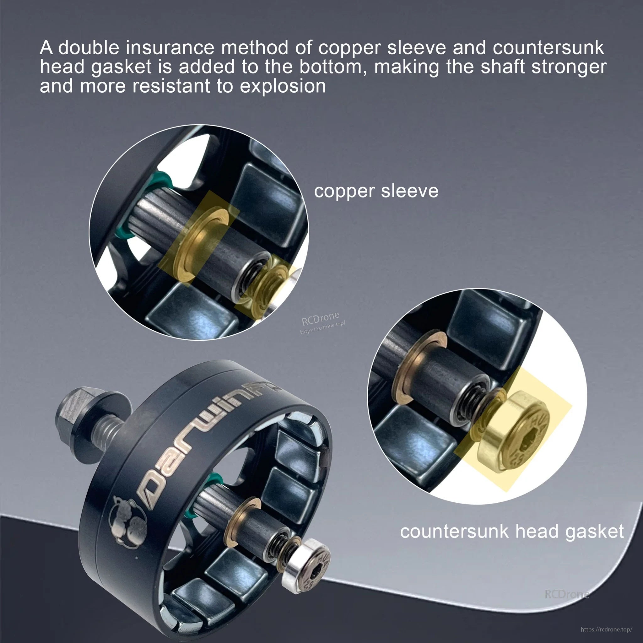 Motor shaft reinforcement detail with copper sleeve and countersunk head gasket at the base of the DarwinFPV motor