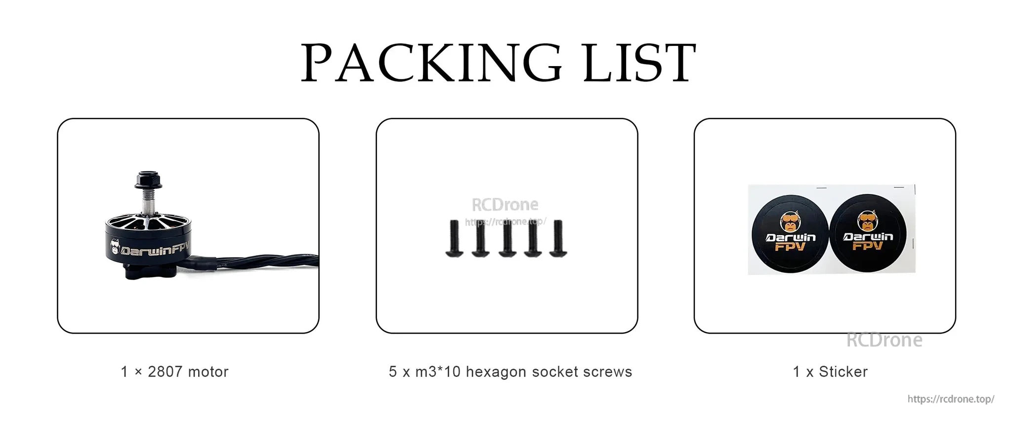 Packing list includes one 2807 motor, five M3×10 hex socket screws, and one DarwinFPV sticker