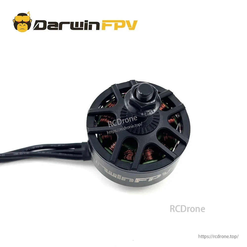 Top view of motor with threaded shaft and DarwinFPV side branding, lead wires exiting base