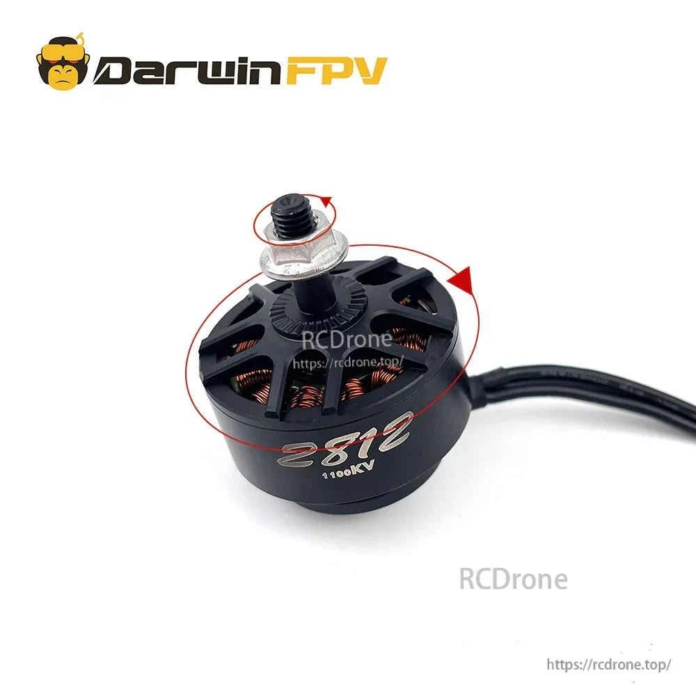 Rotation direction arrows on 2812 1100KV motor showing bell spin direction around the housing