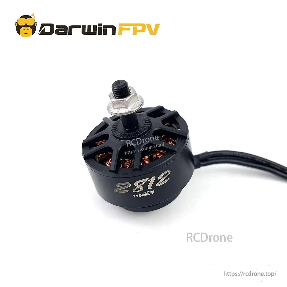 Angled side view of DarwinFPV 2812 1100KV motor with threaded shaft, nut, and cable lead