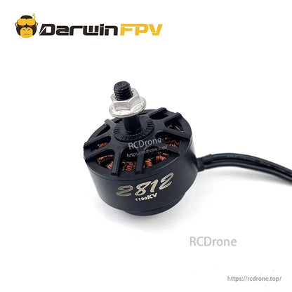 Angled side view of DarwinFPV 2812 1100KV motor with threaded shaft, nut, and cable lead