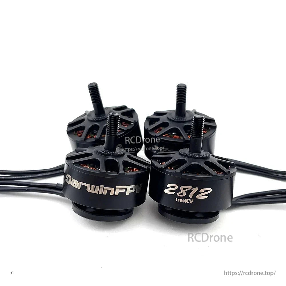 Four DarwinFPV 2812 brushless motors grouped together, black bell housings and threaded shafts