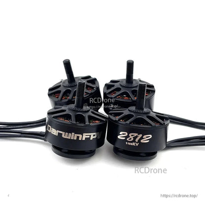 Four DarwinFPV 2812 brushless motors grouped together, black bell housings and threaded shafts