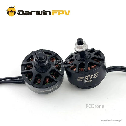 2812 1100KV motor with prop nut installed, next to bottom view showing rotor vents and windings
