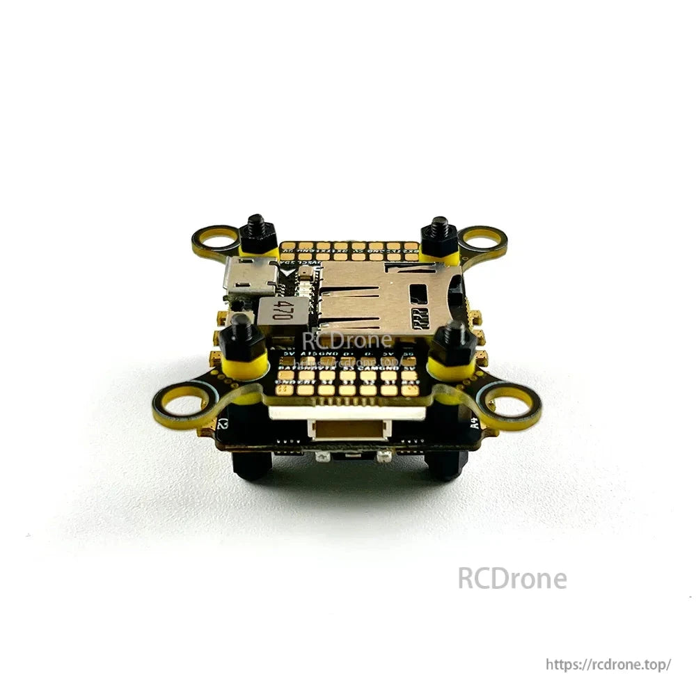 Side profile of stacked boards showing standoffs, SD card slot height, and bottom connector opening