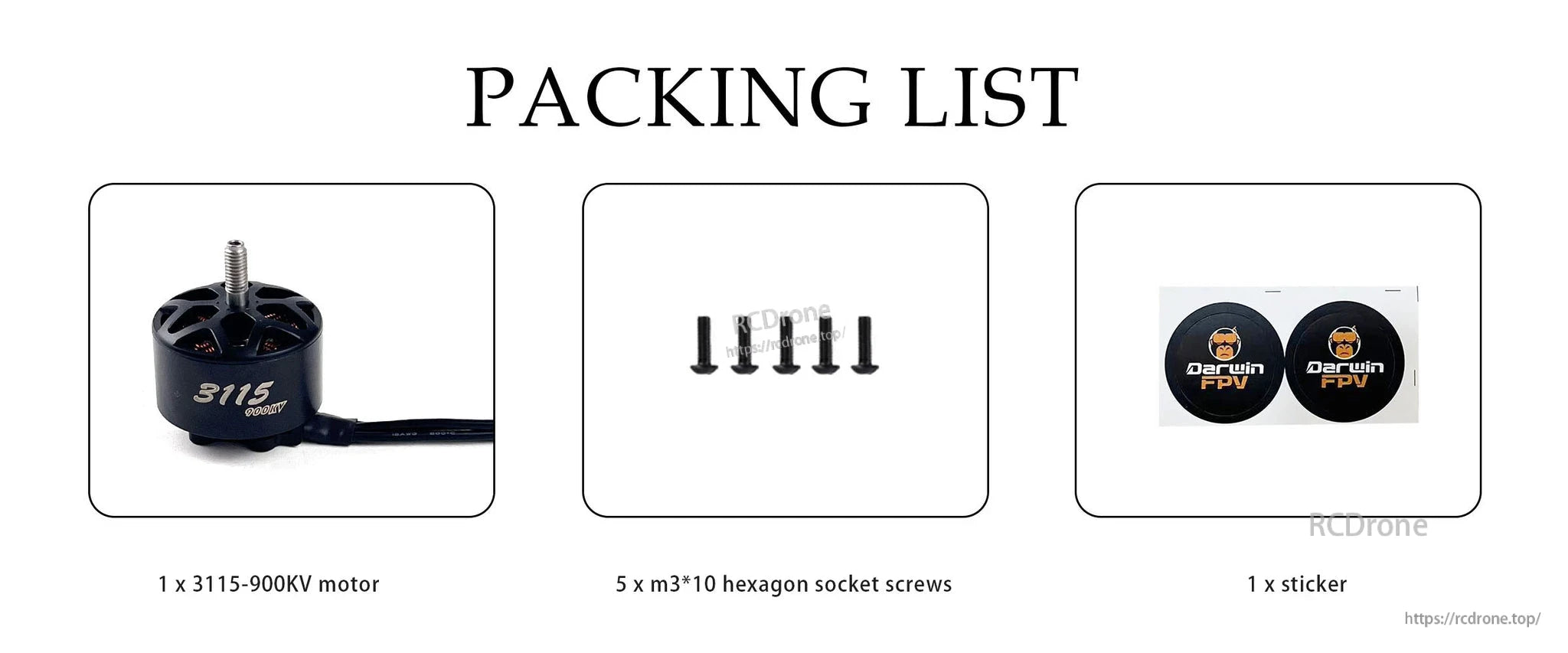 DarwinFPV 3115 900KV Brushless Motor, The DarwinFPV 3115-900KV motor comes with 5 hex screws and 1 sticker in the package.