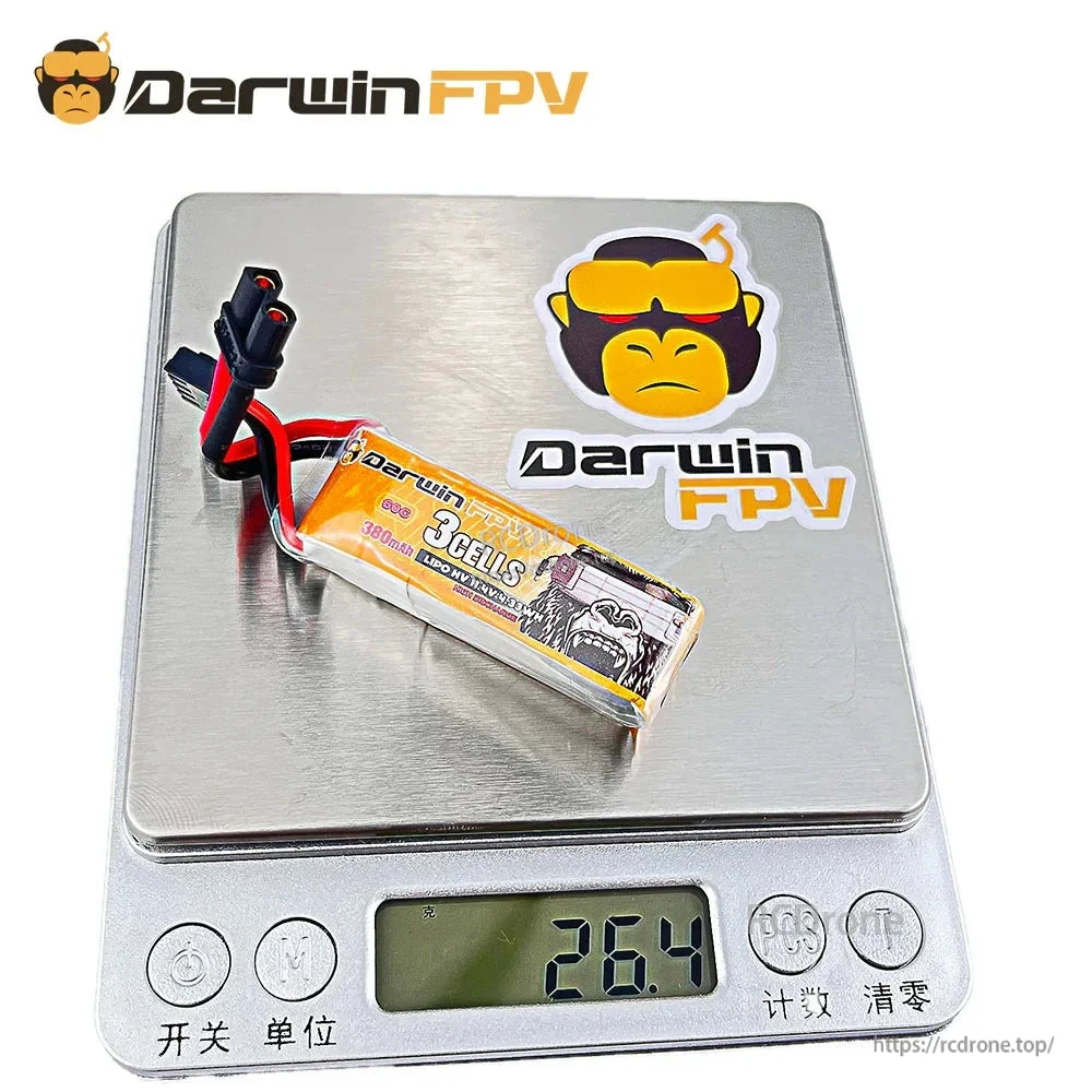 DarwinFPV 3S 380mAh LiPo battery on digital scale showing approx. 26.4g weight
