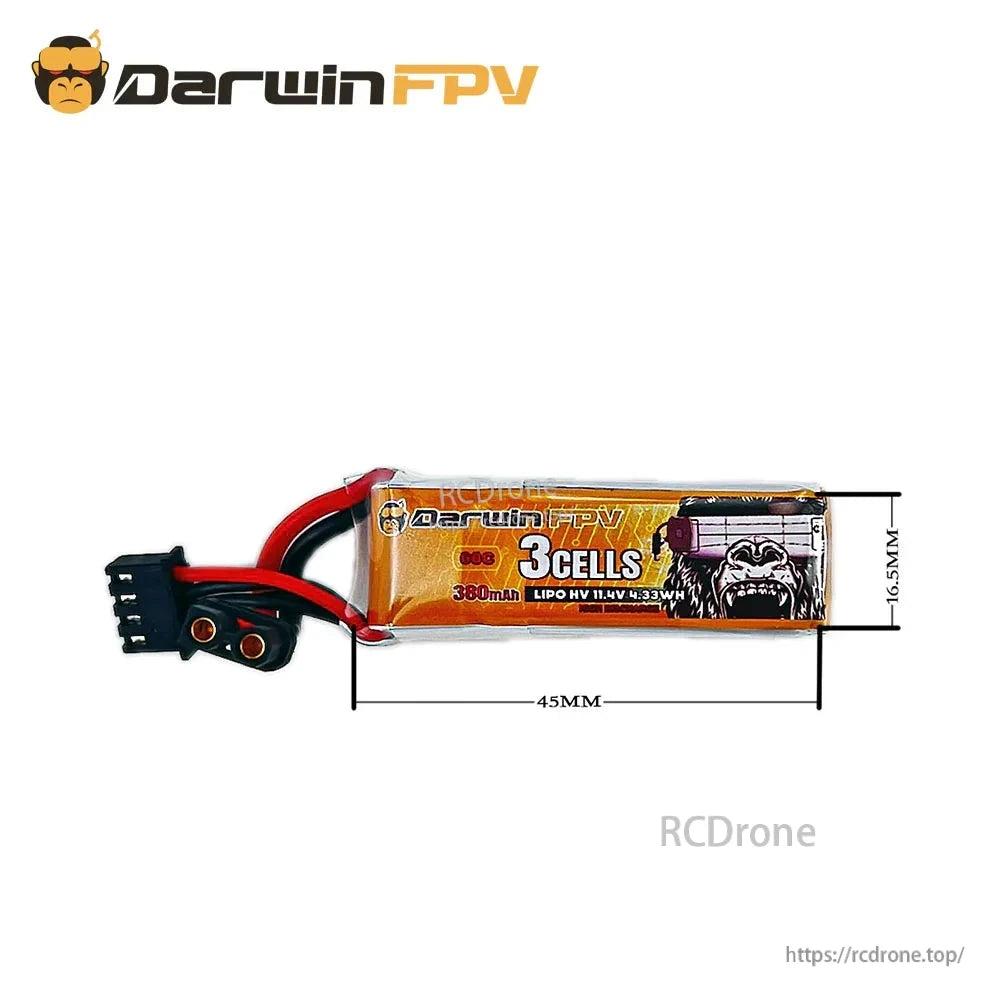 DarwinFPV 380mAh 3S LiPo battery size diagram showing 45mm length and about 16.5mm height