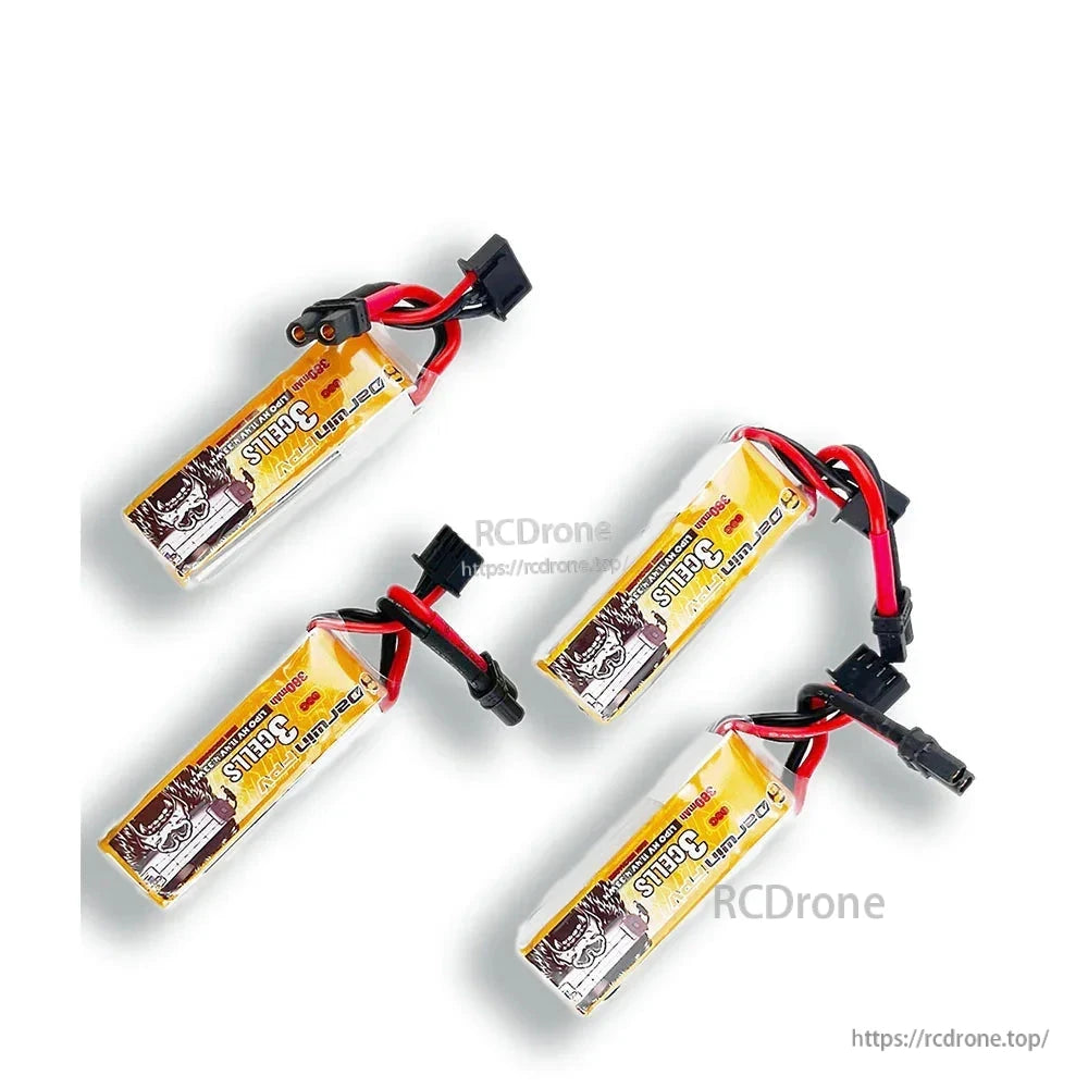 Four DarwinFPV 3-cell 380mAh LiPo batteries with leads and connectors, group display on white