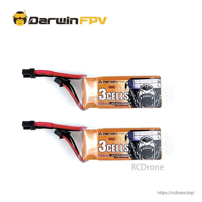 Two DarwinFPV 3S 1150mAh LiPo batteries shown together, label side up with leads