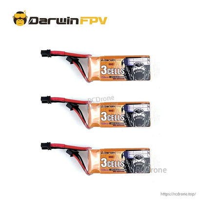 Three DarwinFPV 3S LiPo batteries shown in a row for size comparison, label side up