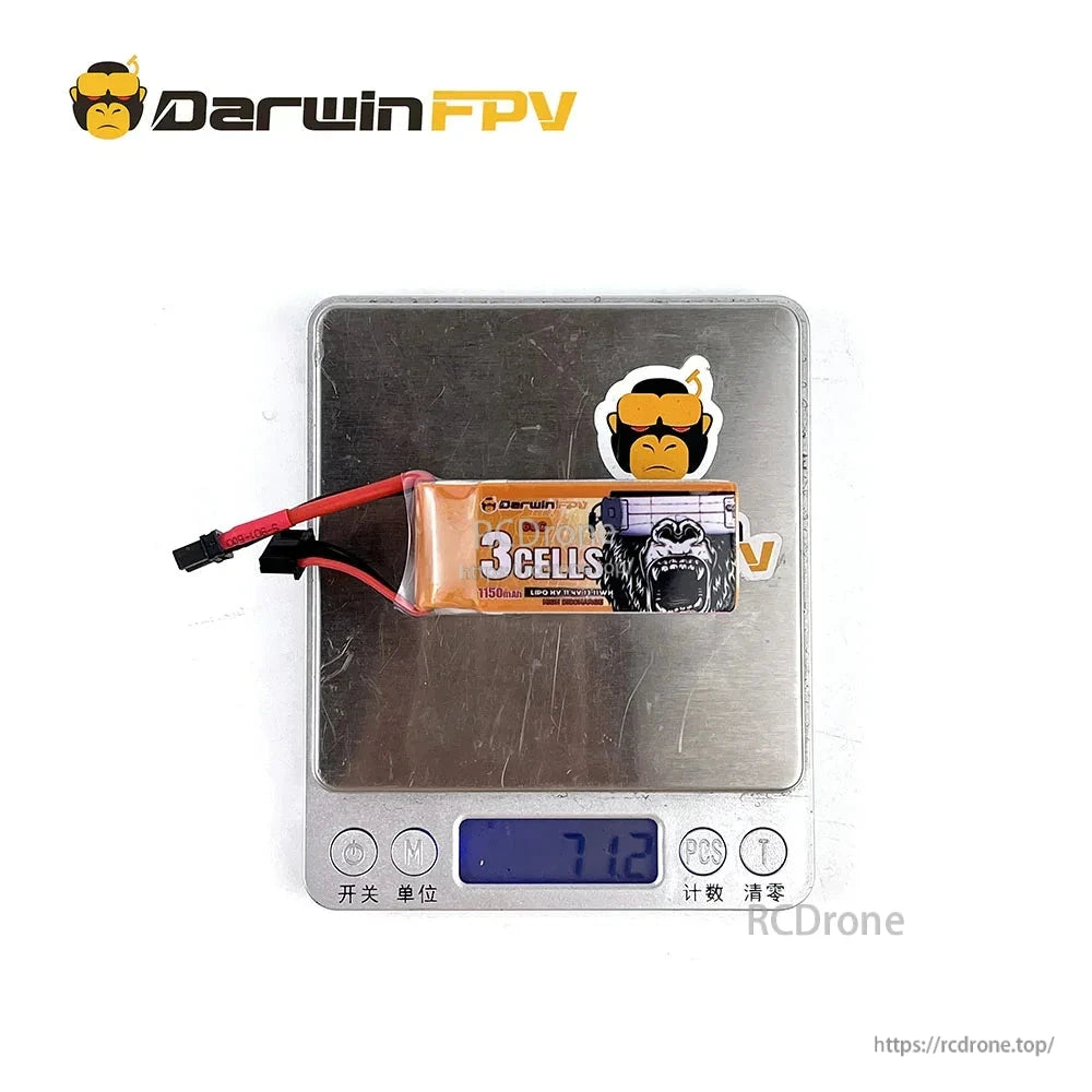 Battery on digital scale showing weight reading 71.2g, DarwinFPV 3S LiPo pack on top