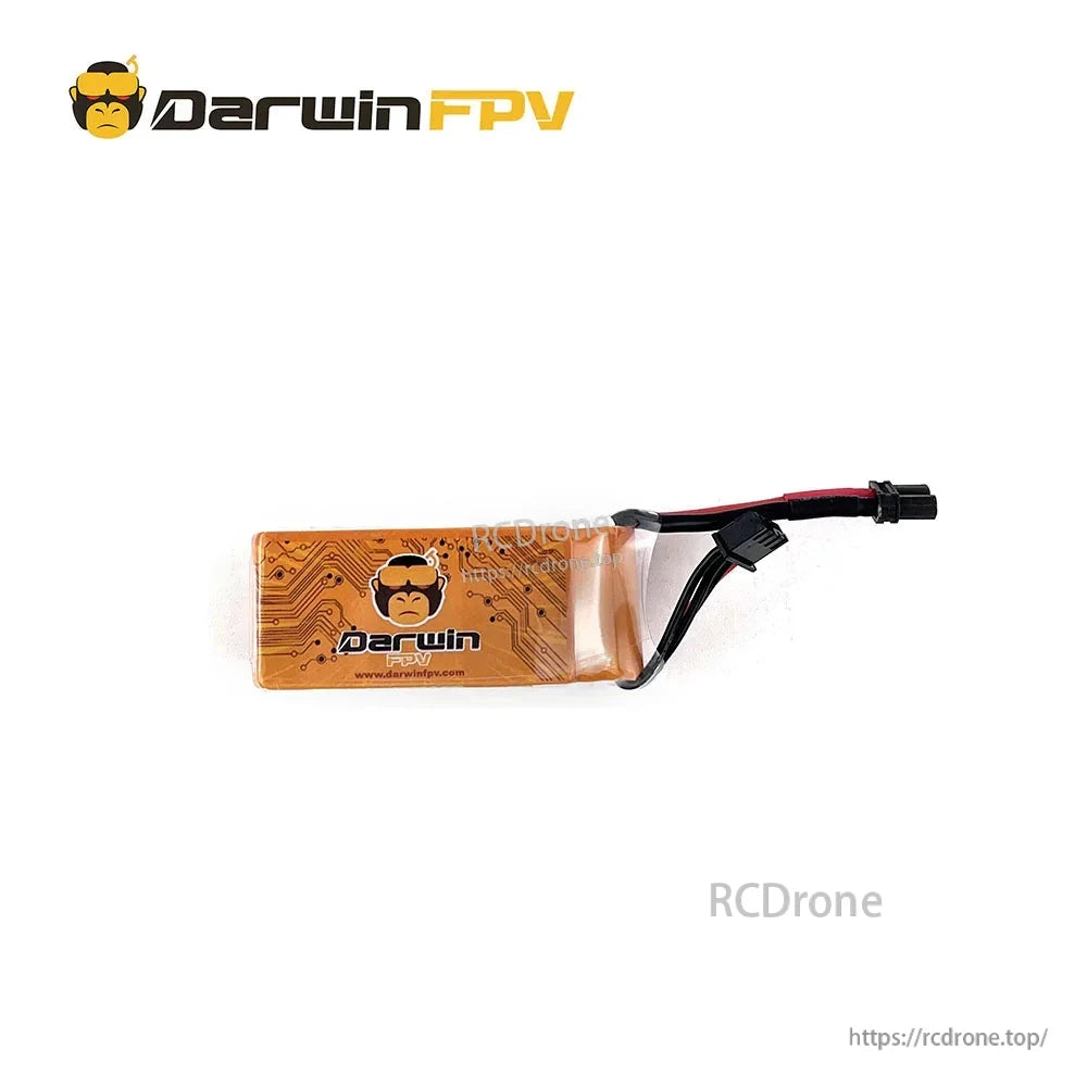 Rear side of DarwinFPV LiPo pack showing orange circuit-style wrap and lead exit