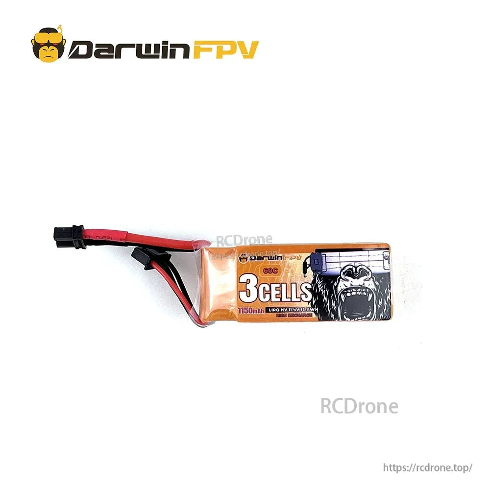 DarwinFPV 3S 1150mAh 60C LiPo battery label side with “3 CELLS” graphic and wiring
