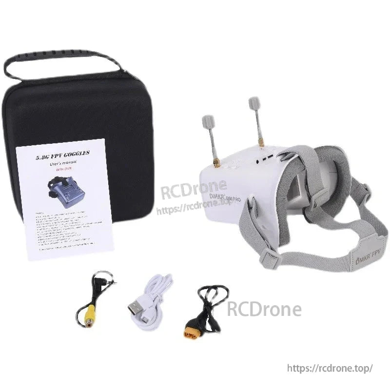 Package contents: FPV goggles, carrying case, user manual, USB charging cable, AV cable and power lead