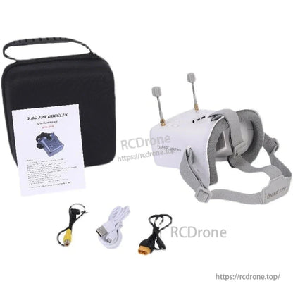 Package contents: FPV goggles, carrying case, user manual, USB charging cable, AV cable and power lead
