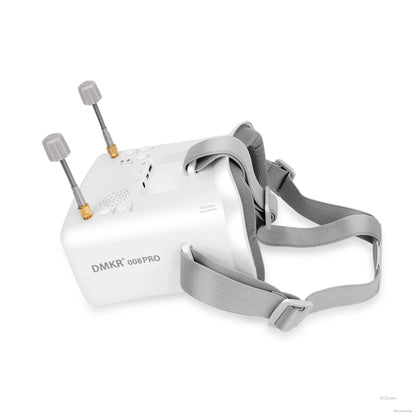 Side view of FPV goggles with DMKR 006PRO marking, dual antennas, and grey head strap attached