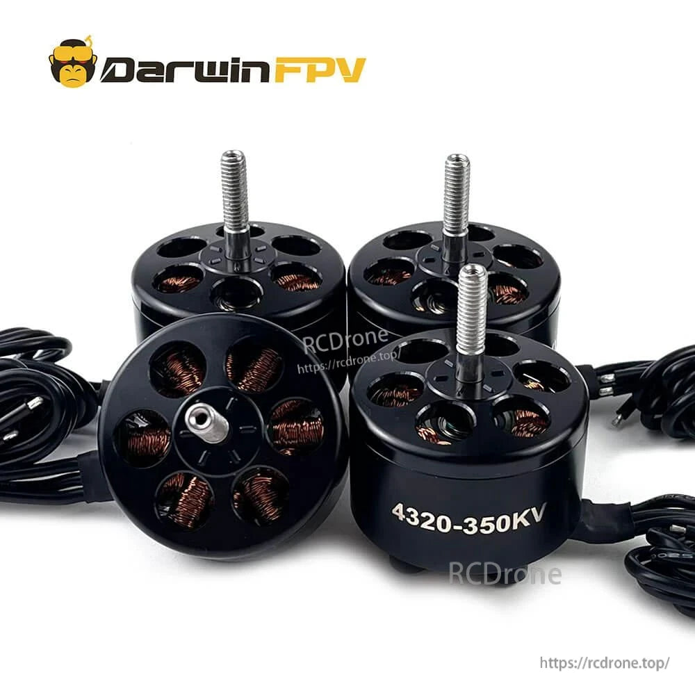 DarwinFPV 4320 350KV brushless motor set, black outrunner with long shaft and 4320-350KV marking