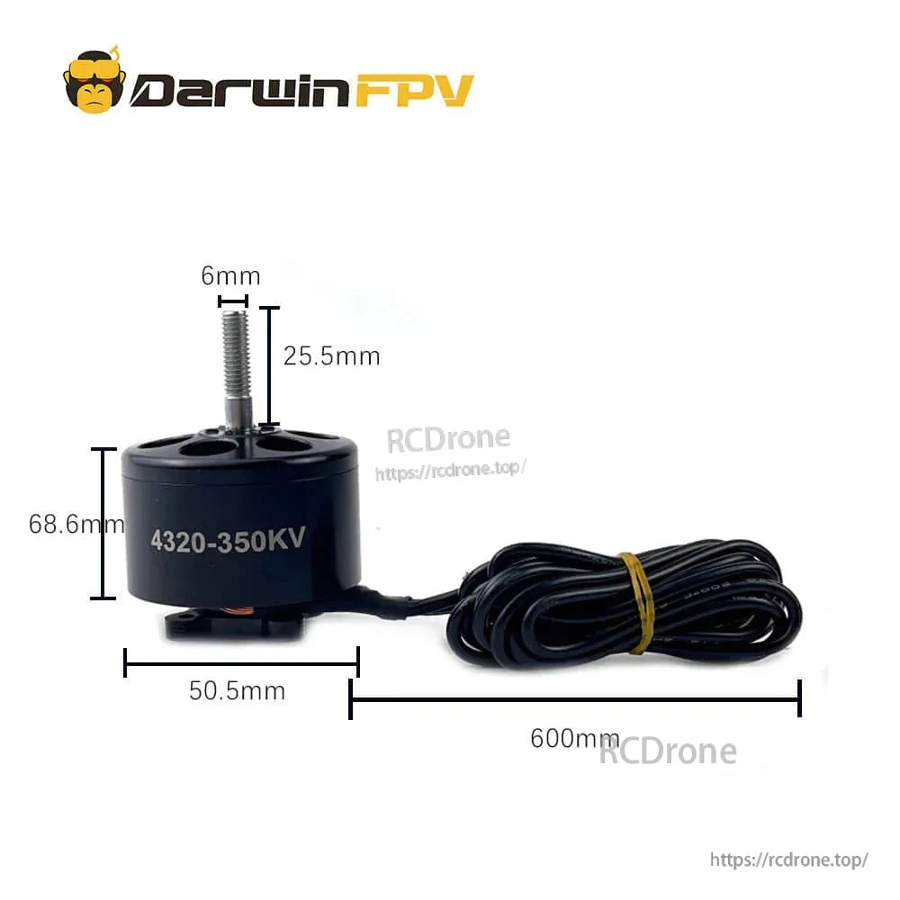 DarwinFPV 4320-350KV motor dimensions diagram with shaft length, body size and 600mm wire length