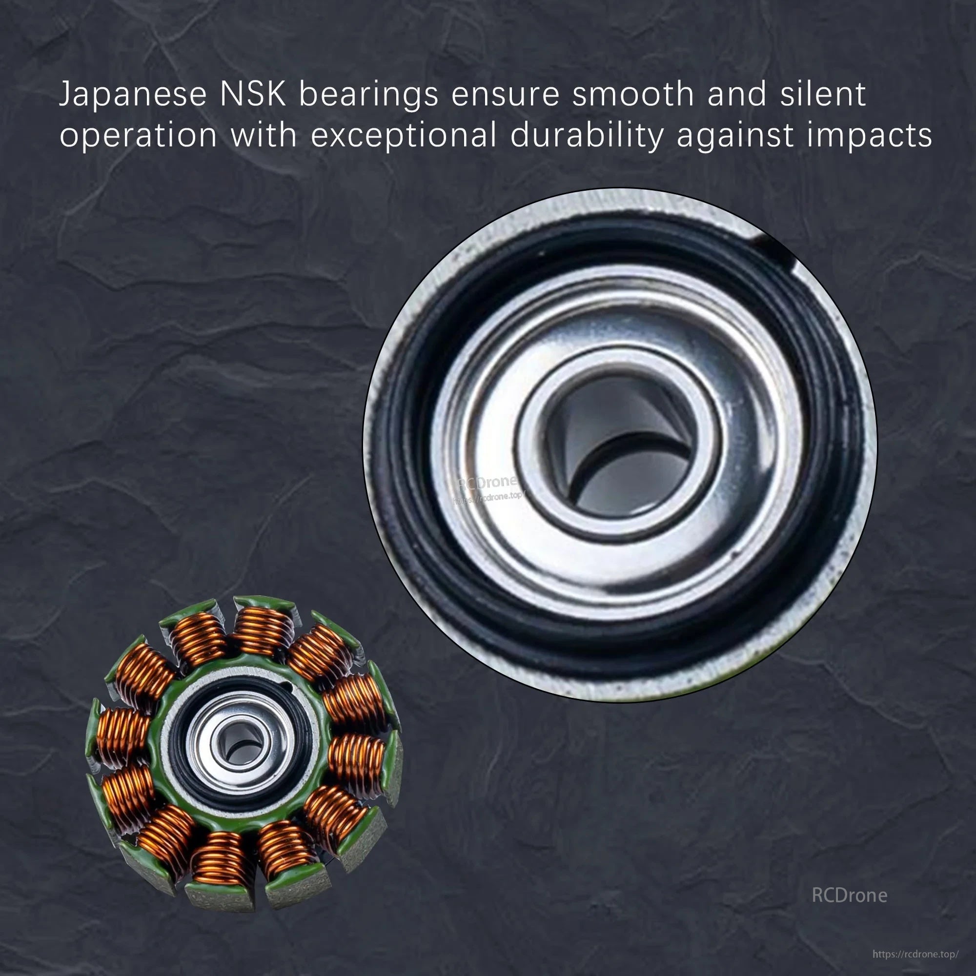 Japanese NSK bearing detail on DarwinFPV 4320 350KV brushless motor for smooth, quiet, impact-resistant running