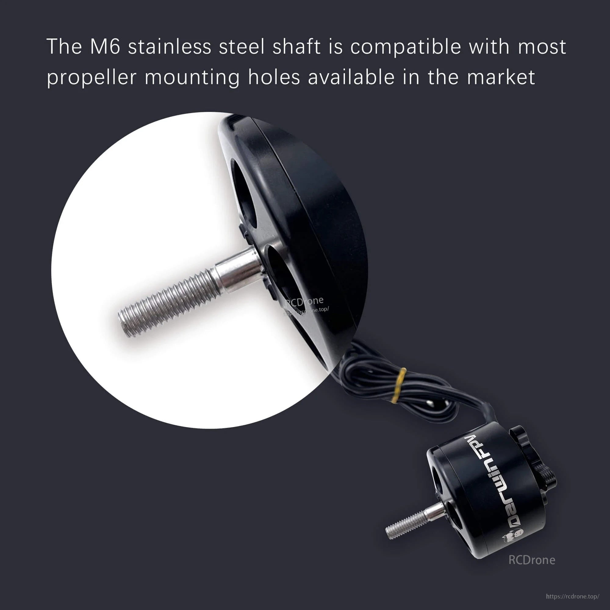 M6 stainless steel prop shaft close-up on DarwinFPV 4320 350KV motor, compatible with common prop mounts