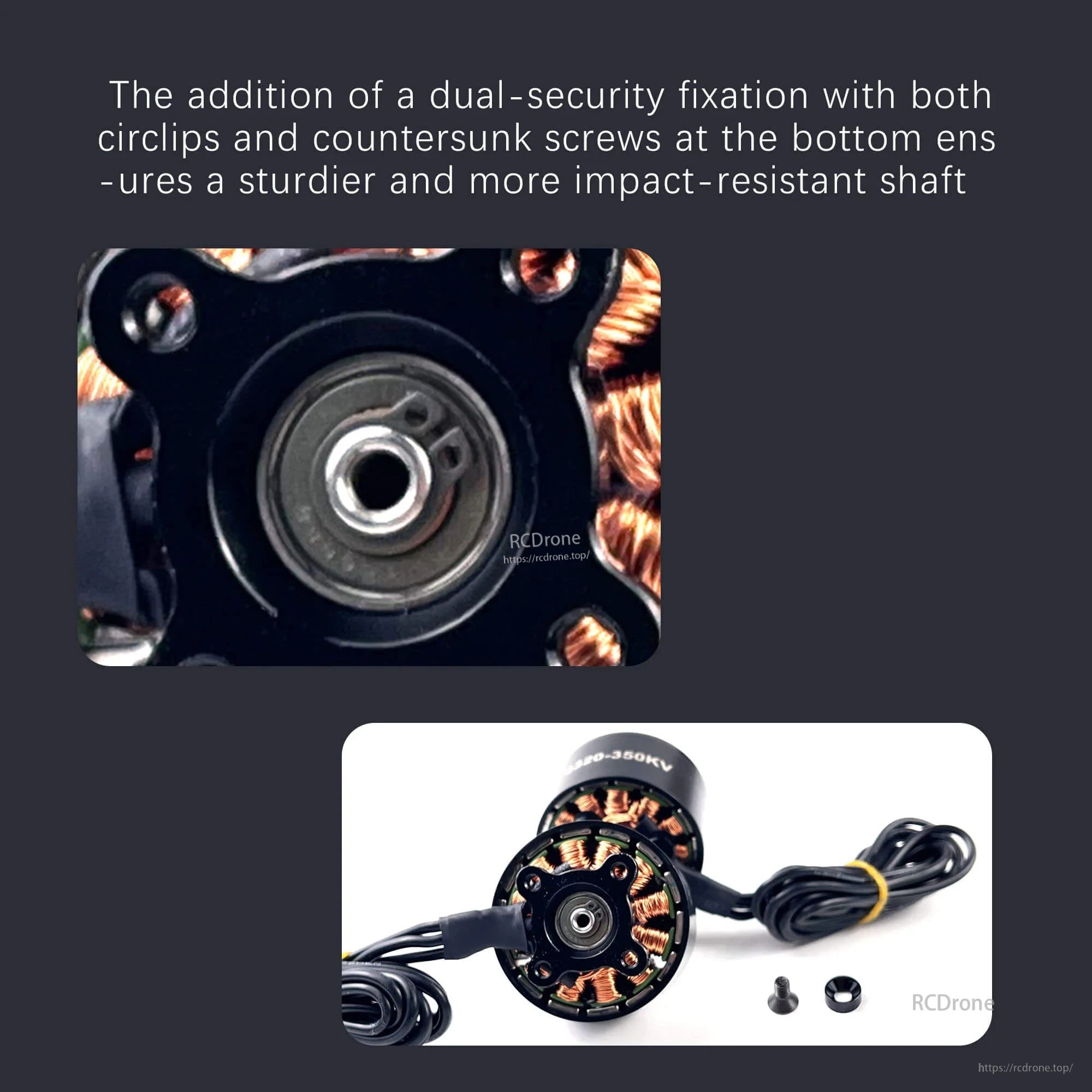 Bottom shaft and bearing area showing dual-security fixation with circlip and countersunk screw hardware