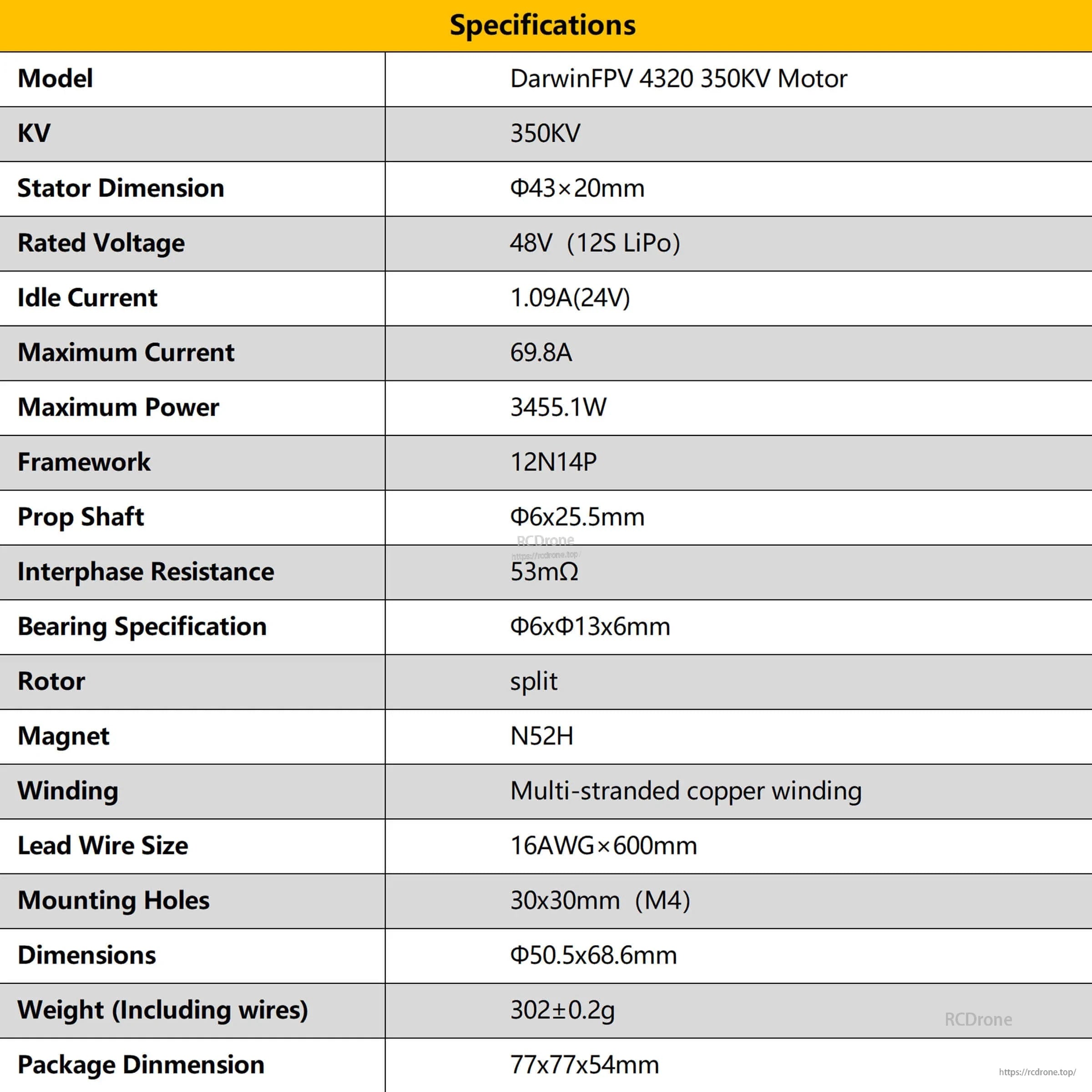 DarwinFPV 4320 350KV Brushless Motor specifications table: 48V 12S, 43×20mm stator, 30×30mm mount