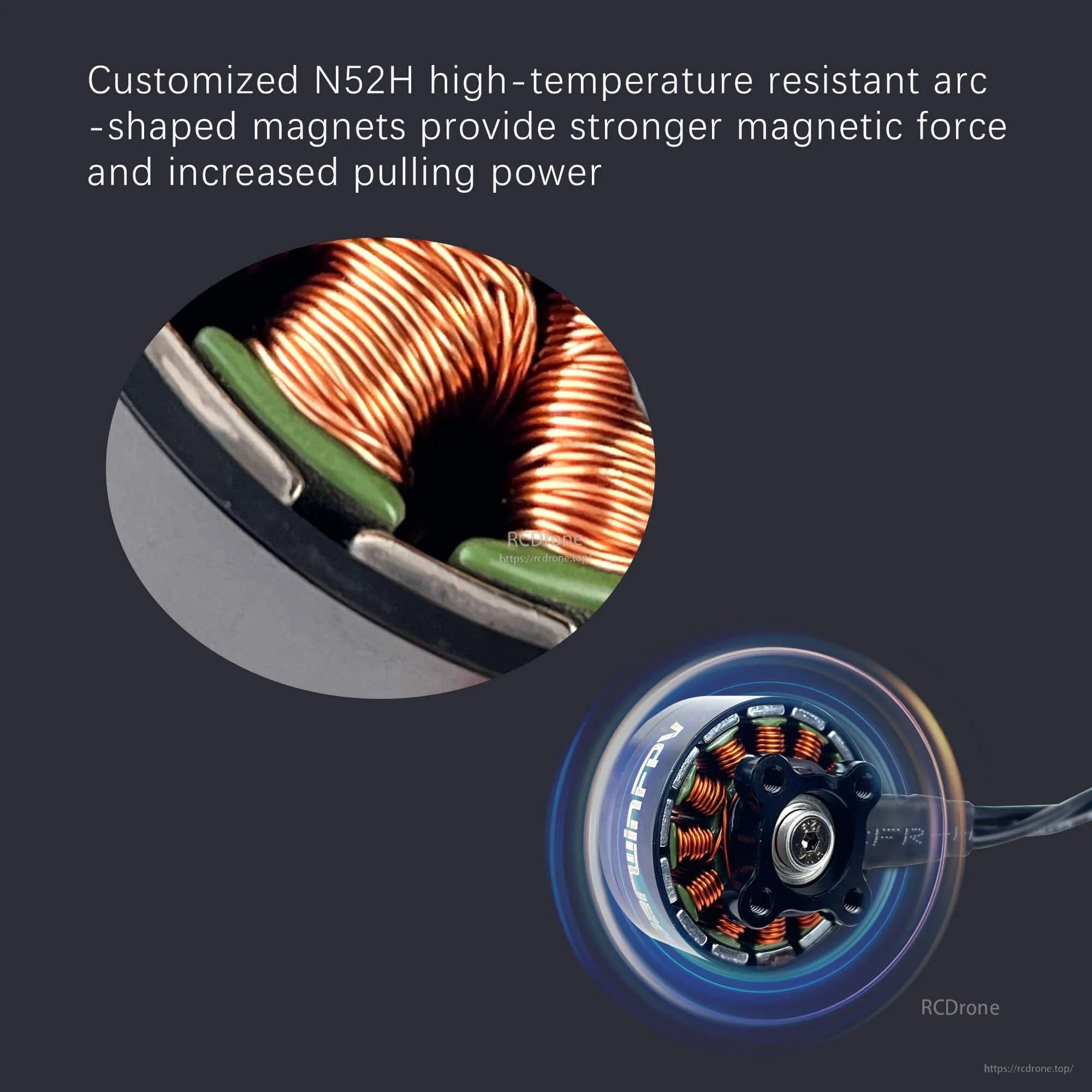 Close-up of N52H high-temperature arc magnets and copper windings for stronger magnetic pull and torque